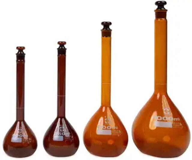 Heathrow Scientific 2307A-200 Volumetric Flask, Amber, Class A, Glass Stopper, 200 mL, 4/pk
