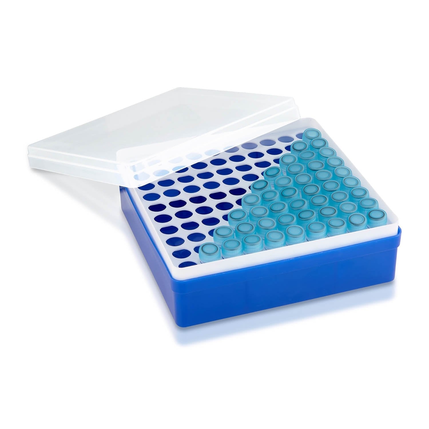 MTC Bio R8014 Ice Rack™ for 100 × 1.5mL tubes, detachable lid, tube platform, and base, numbered cavities, accepts snap cap and screw cap 1.5mL to 2.0mL tubes, 6/cs