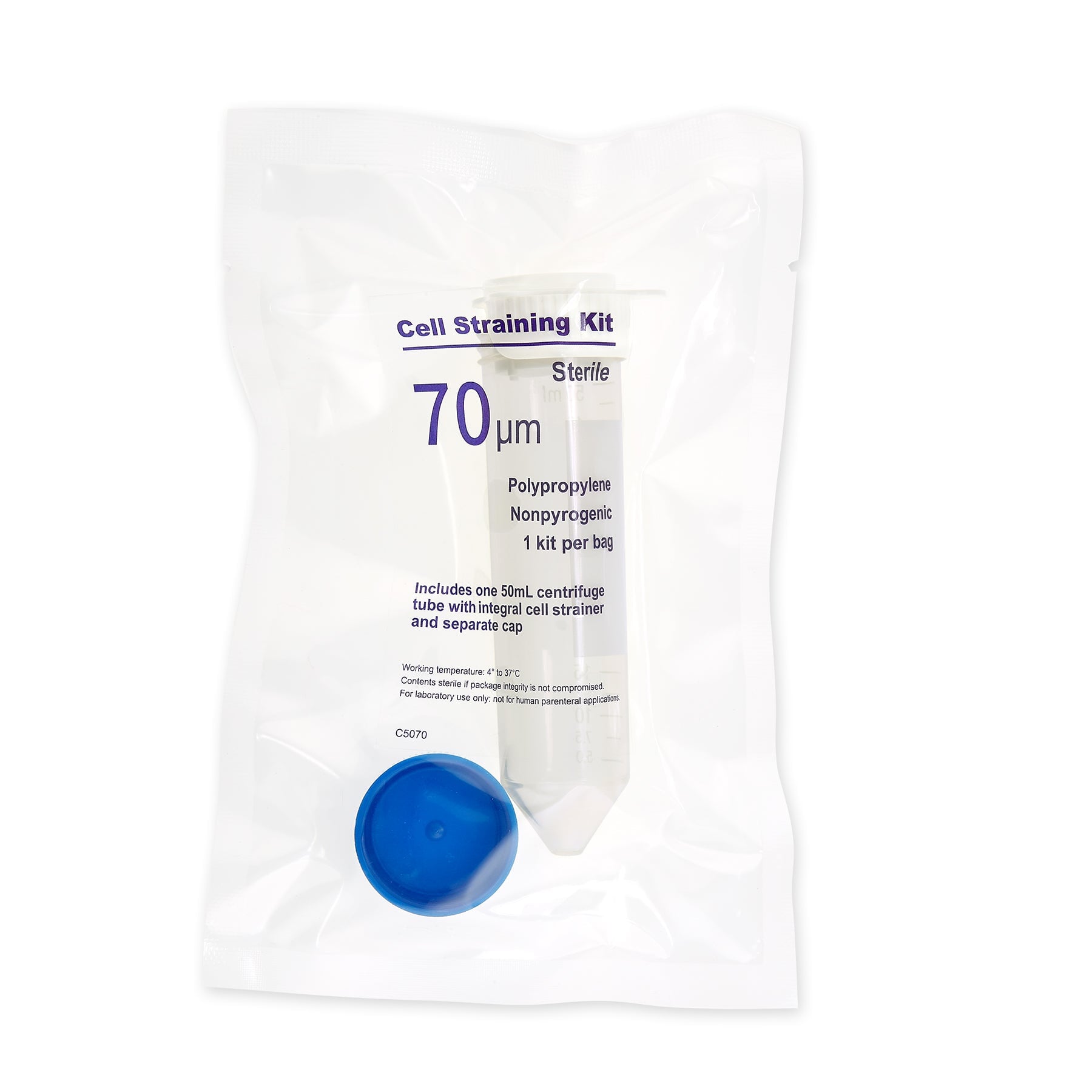 MTC Bio C5070 ReadyStrain 70µm Cell straining kit w/ strainer, 50mL tube and screw-cap, white, sterile, indiv. wrapped, 50/pk