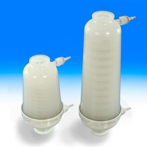 PALL NP5LPDD16 Supracap 100 depth filter capsule, in-line style, 5 inch length, with dual-layer media grade PDD1 (0.1-0.85 µm retention rating), ½ inch hose barb inlet and outlet