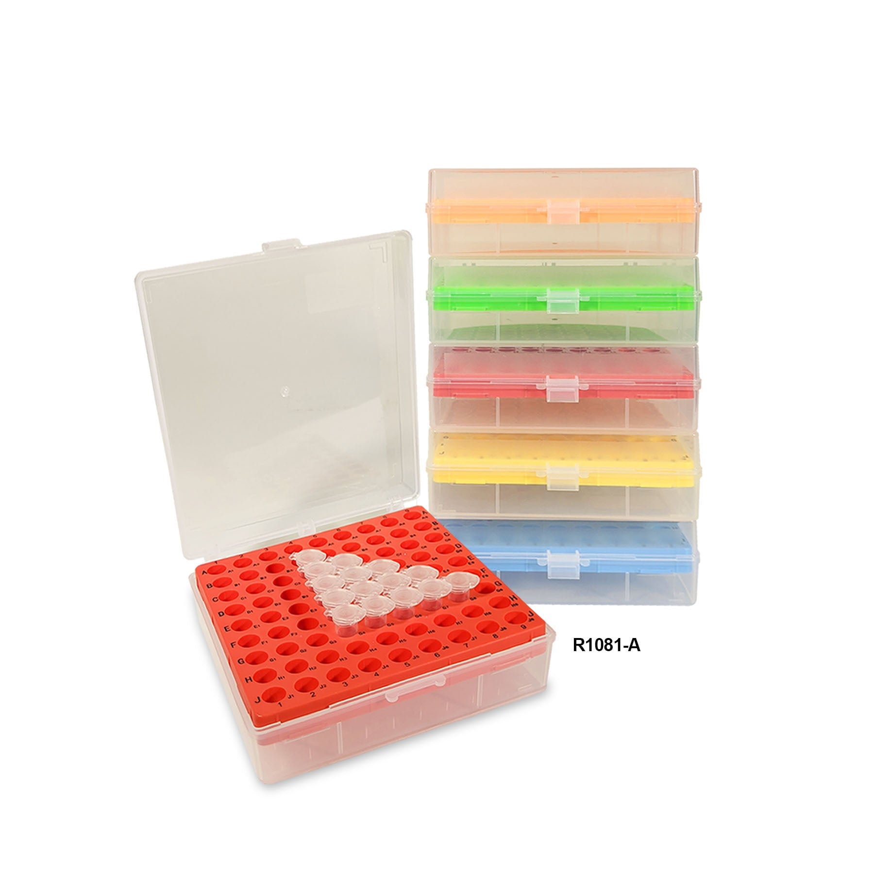MTC Bio R1081-A BetterBox™ Storage Box with hinged lid, 81 x 1.5mL to 2.0mL Microtubes pack of 5, assorted colors