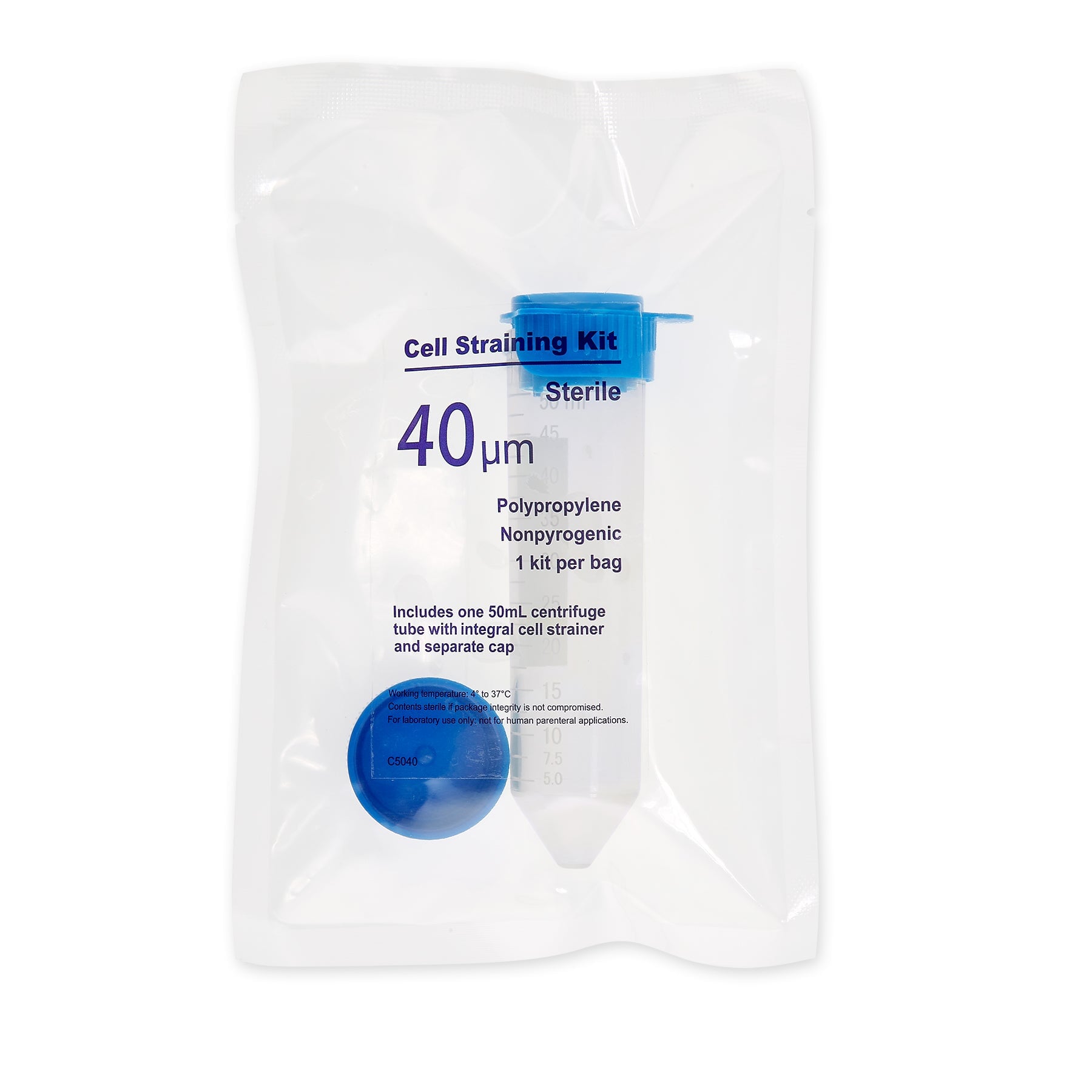 MTC Bio C5040 ReadyStrain 40µm Cell straining kit w/ strainer, 50mL tube and screw-cap, white, sterile, indiv. wrapped, 50/pk
