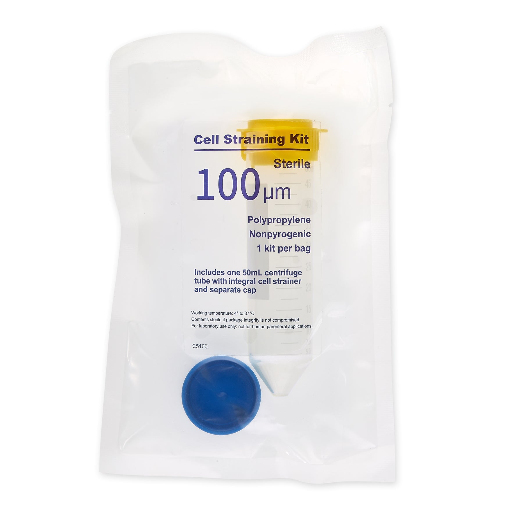 MTC Bio C5100 ReadyStrain 100µm Cell straining kit w/ strainer, 50mL tube and screw-cap, yellow, sterile, indiv. wrapped, 50/pk