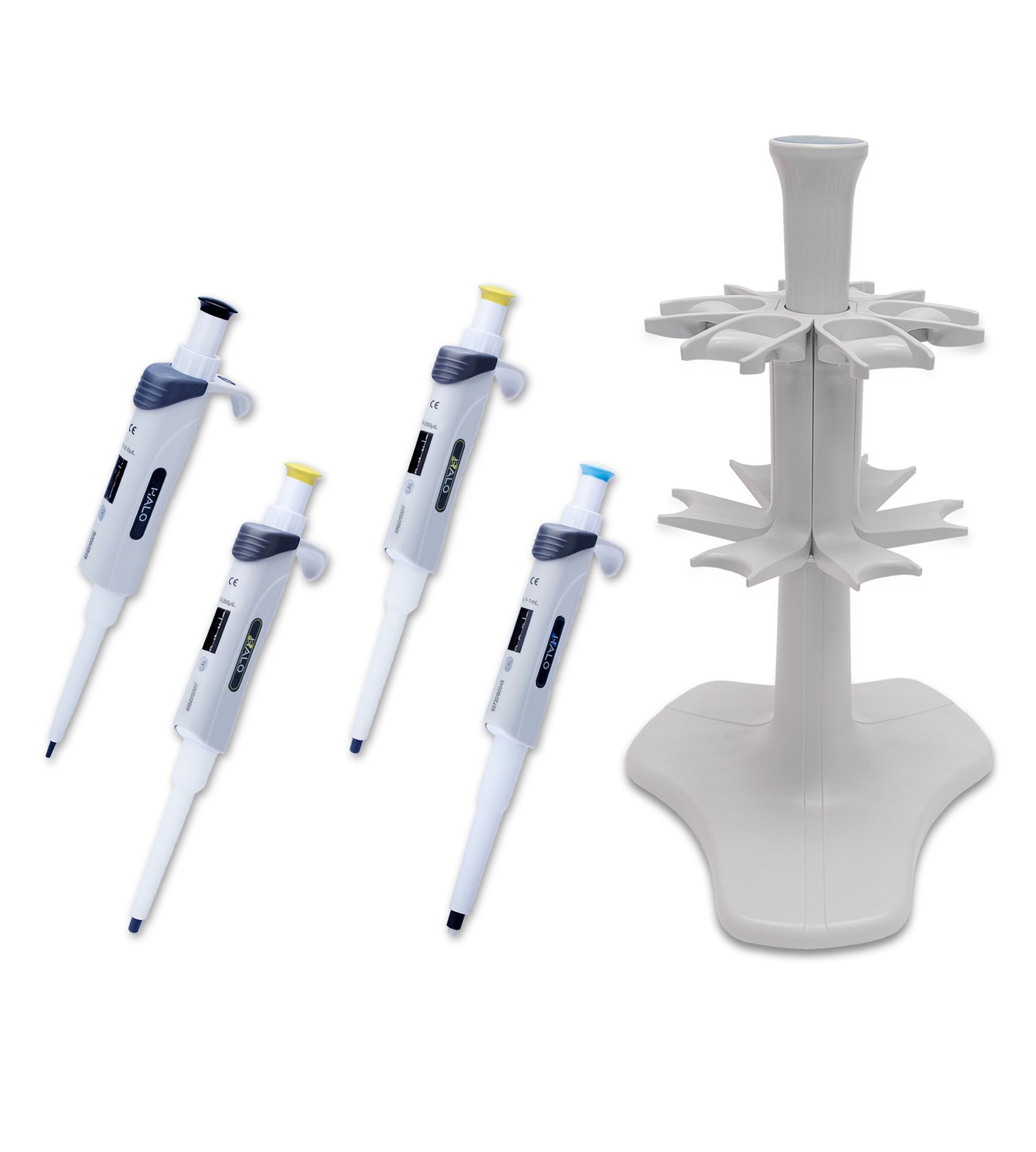 MTC Bio H6800-SK Halo Pipettor Starter Kit, includes H6800-10 (10µL), H6800-20 (20µL), H6800-200 (200µL), H680-1MXL (1250µL), and H6800-CR (6 place carousel stand)