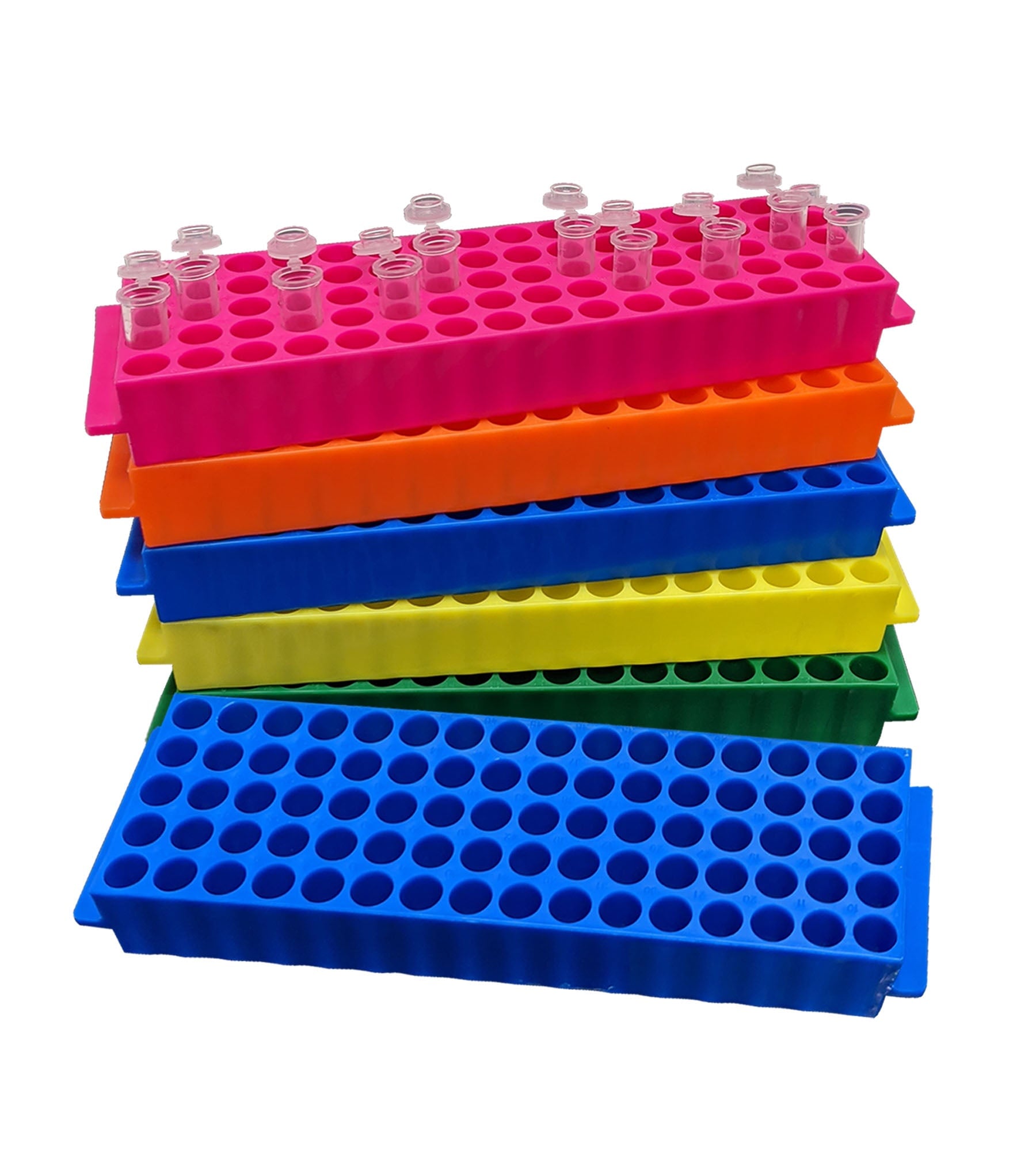 MTC Bio R1040 Tube Rack, fraction collector type, 80 x 1.5mL/2mL, assorted colors, pack of 5