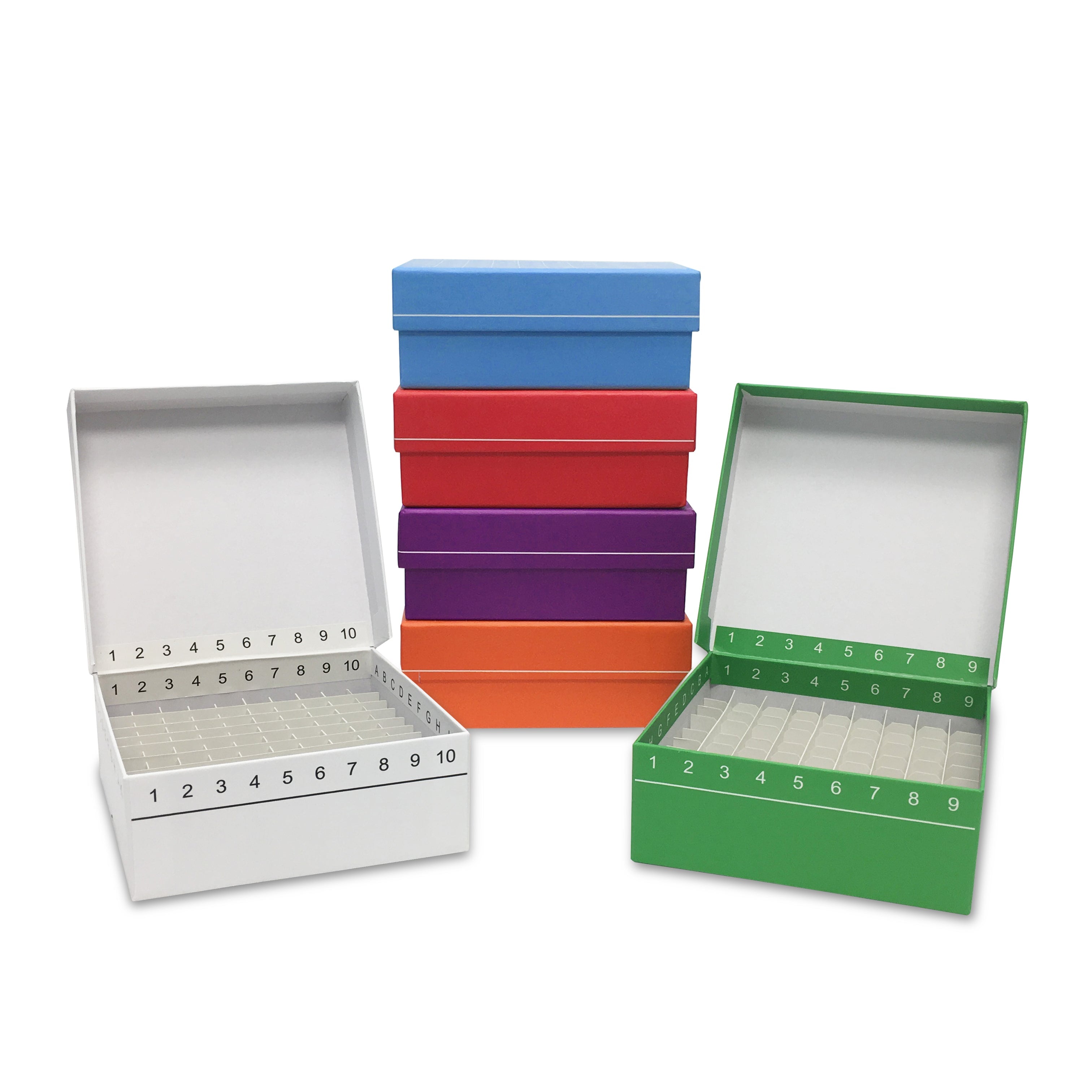 MTC Bio R2781-A FlipTop™ Carboard freezer box w/ attached hinged lid, 81-place, assorted colors, 5/pk