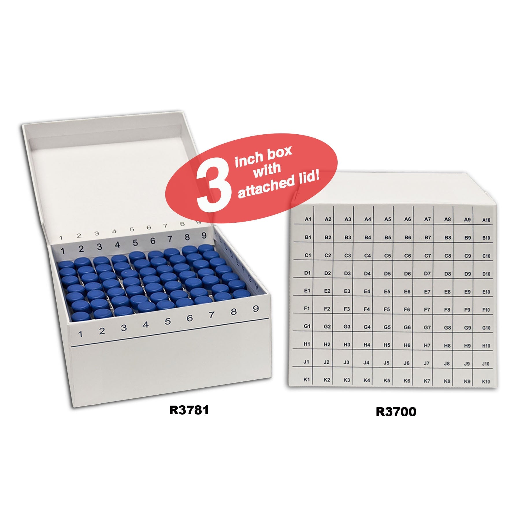 MTC Bio R3781 FlipTop™ Carboard freezer box w/ attached hinged lid, 81-place, white, 50/cs