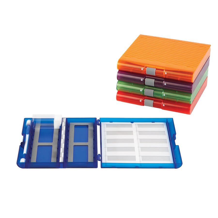 Heathrow Scientific 120576 Premium Plus Slide Box, 100 place, translucent blue, pk5