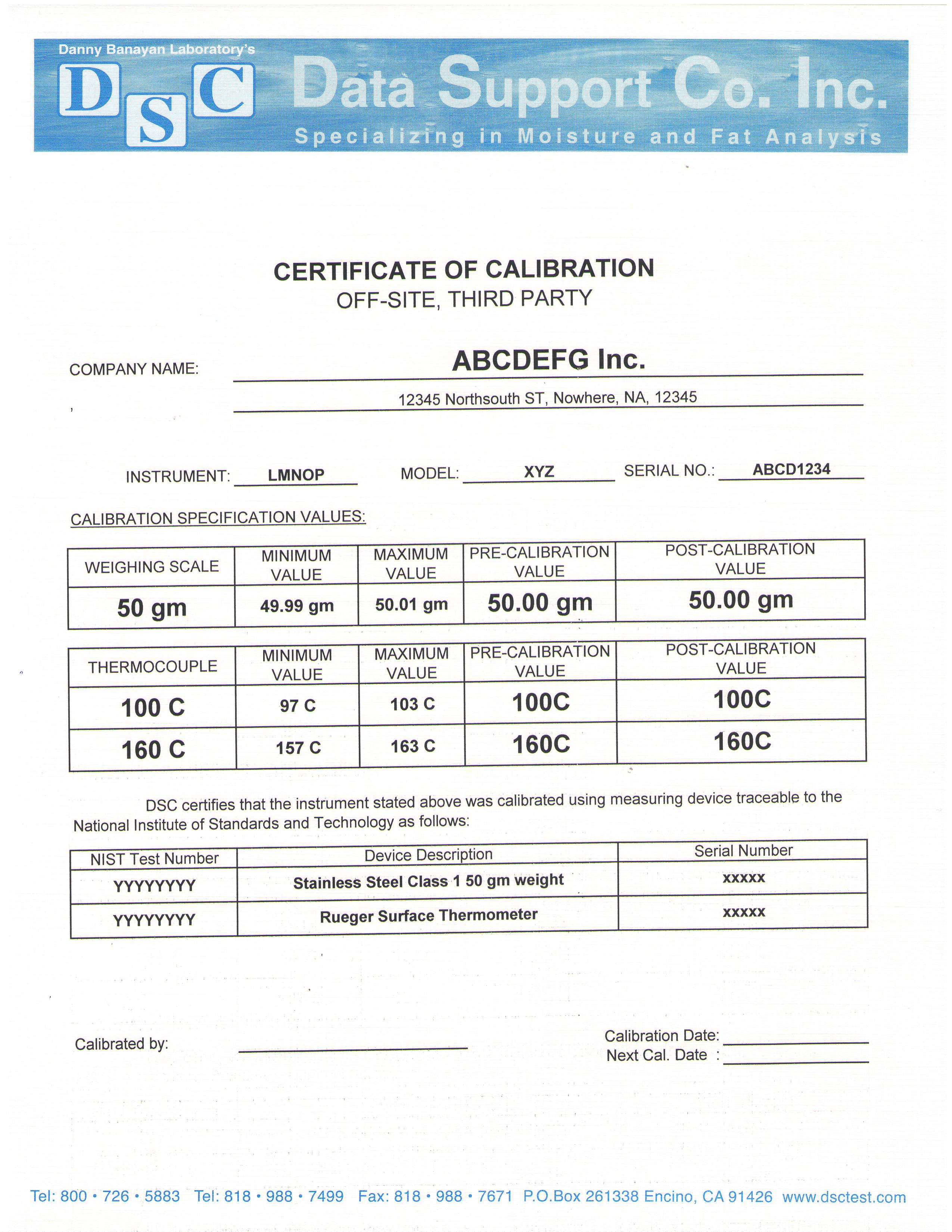 On-Purchase Certificate of Calibration